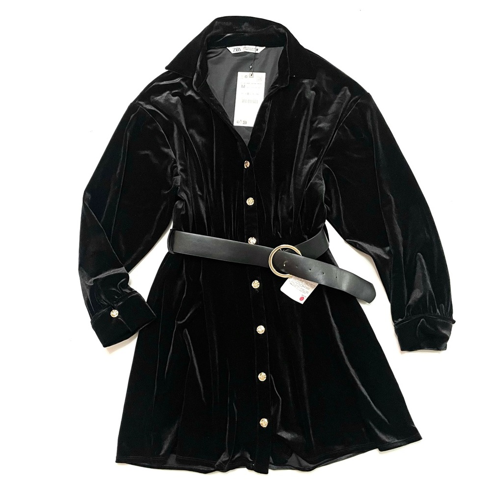 Zara Sz M velvet dress gold buttons with belt black mini